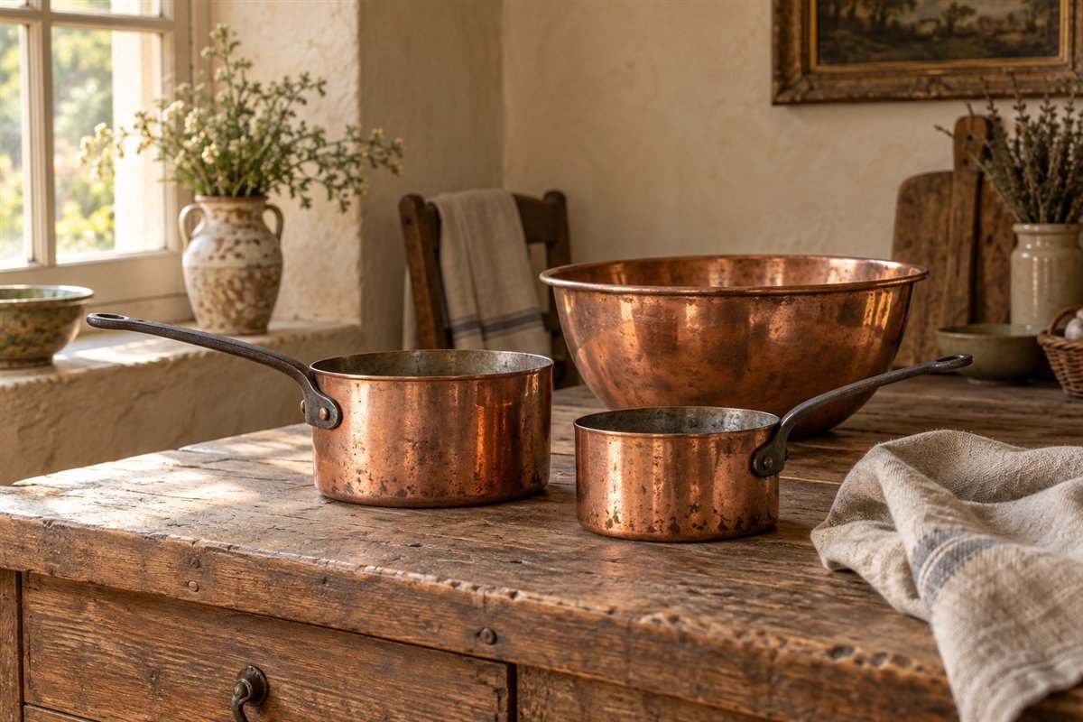 Illustrative aged copper saucepans and a mixing bowl on an oak worktop