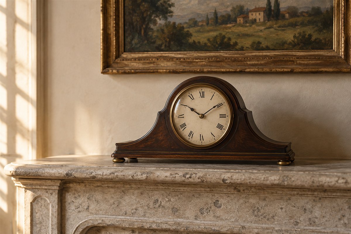 An imagined French wood and brass mantel clock in soft afternoon light