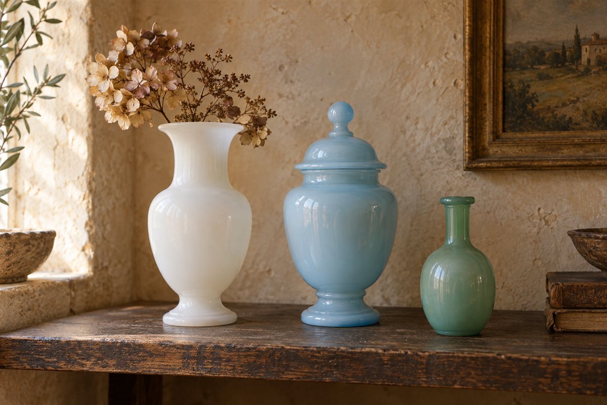 Illustrative white, blue and jade opaline vessels on a wooden shelf