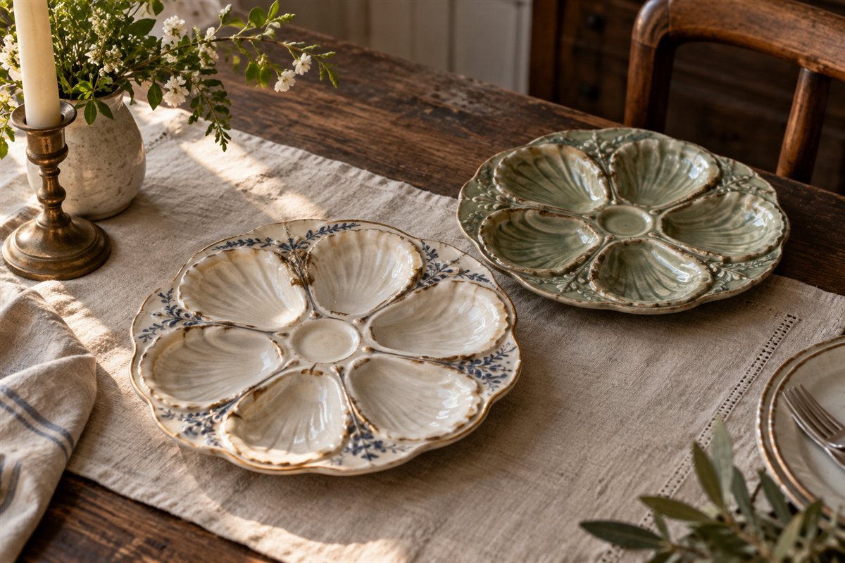 Illustrative porcelain and faience oyster plates with sculpted shell-shaped wells
