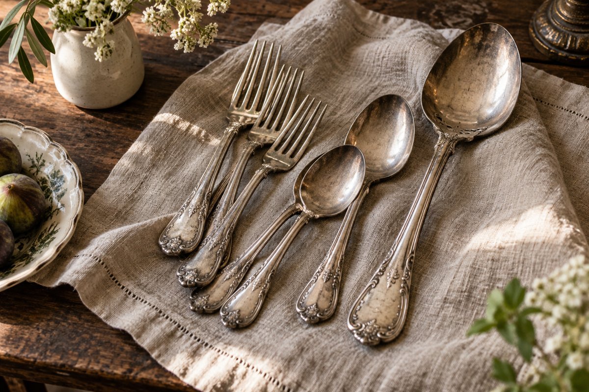 Illustrative vintage-style silver forks and spoons on natural linen
