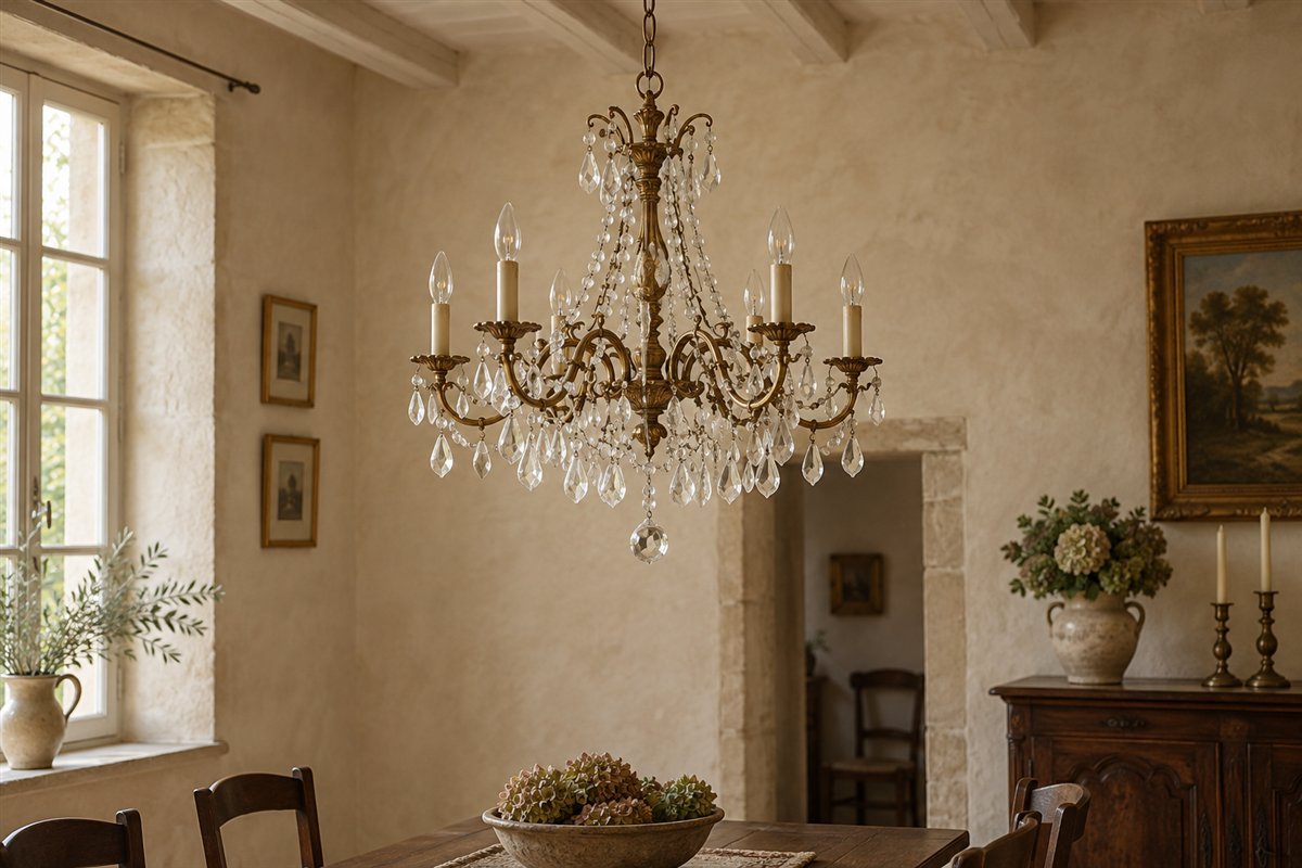 An imagined French brass chandelier with crystal drops in warm window light