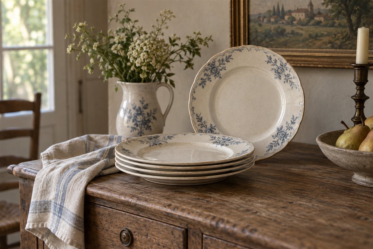 Illustrative cream faience plates with faded blue floral borders