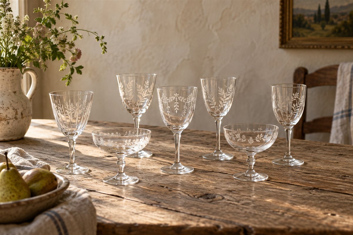 Illustrative etched wine glasses and champagne coupes on an oak table