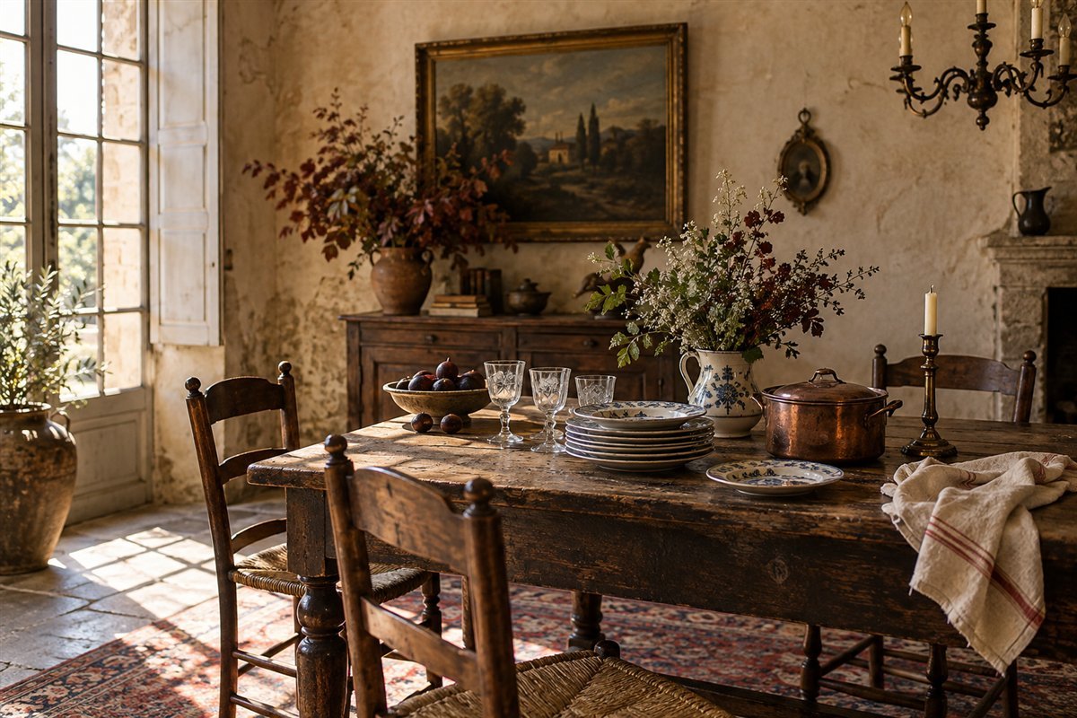 Illustrative French country dining scene with copper, faience and glass